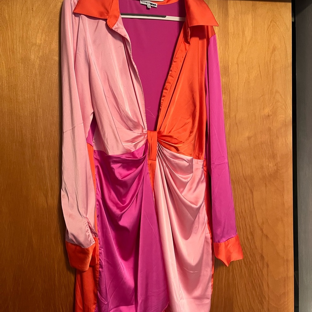 Colorful plunge neck Satin Dress with Knot Detail